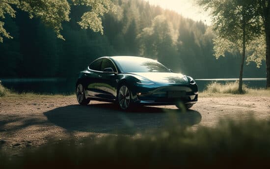 Tesla Model 3 près d'un lac