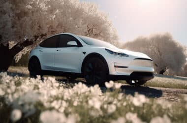 Tesla Model Y blanche et fleurs