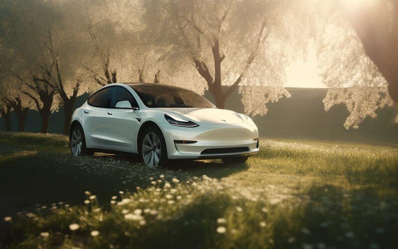 Tesla Model Y blanche et fleurs