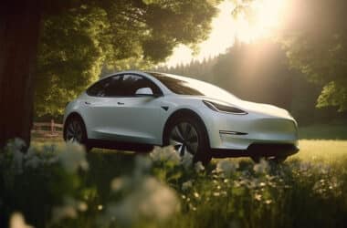 Tesla Model Y blanche dans la forêt