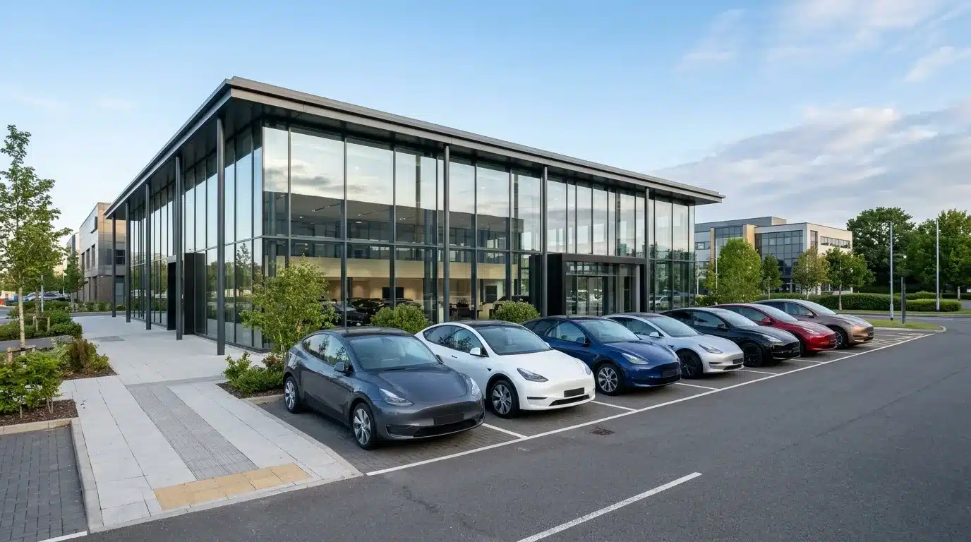 Rangée de voitures électriques neuves alignées devant un centre de livraison vitré, au petit matin