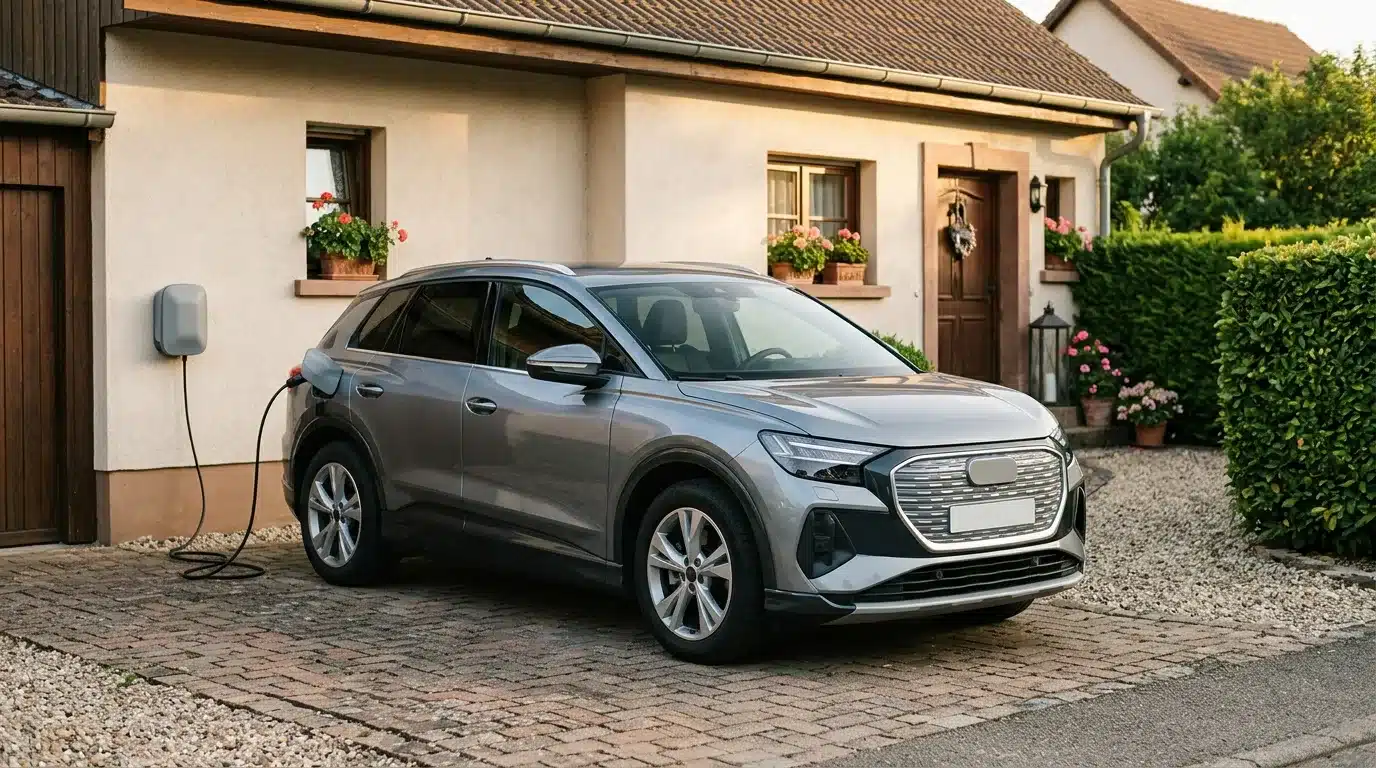 SUV électrique gris branché à une borne murale dans l'allée d'une maison, en fin d'après-midi